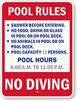 Pool Rules, Custom Hours, No Diving Sign