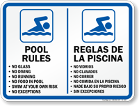 Bilingual Pool Rules, No Diving Sign