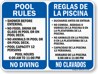 Bilingual Pool Rules, Timings, No Diving Sign
