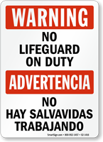 Bilingual Warning No Lifeguard on Duty Sign
