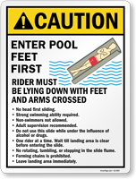 Caution Enter Pool Feet First Riders Be Lying Down Sign