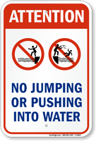 No Jumping or Pushing Into Water Sign