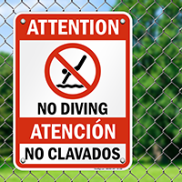 Bilingual Attention No Diving Sign with Symbol