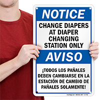 Bilingual Change Diapers At Changing Station Notice Sign