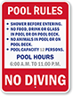 Pool Rules, Custom Hours, No Diving Sign