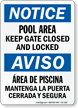 Bilingual Pool Area, Keep Gate Closed Sign