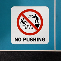 No pushing around pool sign